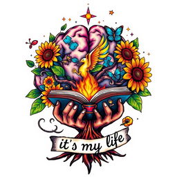 A vibrant and colorful tattoo design featuring a brain-shaped tree with roots transforming into hands that hold an open book