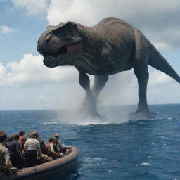 In the final moments of their ordeal, the astonished visitors clamber aboard an evacuation aircraft, leaving behind the dinosaur-infested island as it becomes a diminishing speck against the vast ocean below.