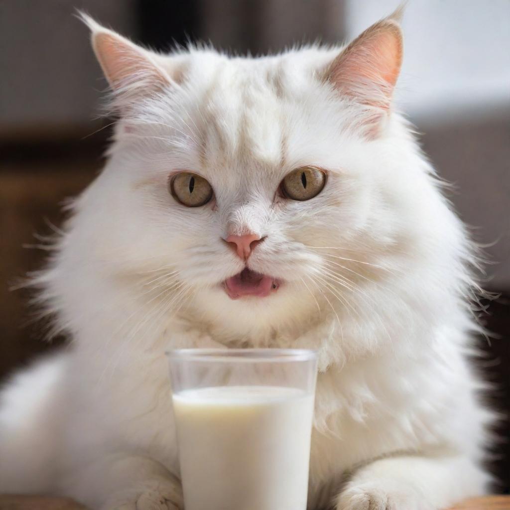 A fluffy cat delightfully drinking milk and eating meat. Its whiskers are lightly covered with cream from the milk, and its eyes glow with satisfaction as it nibbles on a piece of tender, juicy meat.