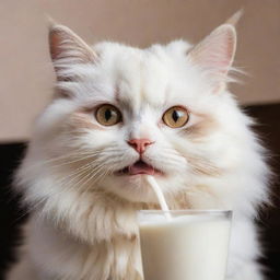 A fluffy cat delightfully drinking milk and eating meat. Its whiskers are lightly covered with cream from the milk, and its eyes glow with satisfaction as it nibbles on a piece of tender, juicy meat.