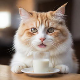 A fluffy cat delightfully drinking milk and eating meat. Its whiskers are lightly covered with cream from the milk, and its eyes glow with satisfaction as it nibbles on a piece of tender, juicy meat.