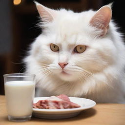 A fluffy cat delightfully drinking milk and eating meat. Its whiskers are lightly covered with cream from the milk, and its eyes glow with satisfaction as it nibbles on a piece of tender, juicy meat.