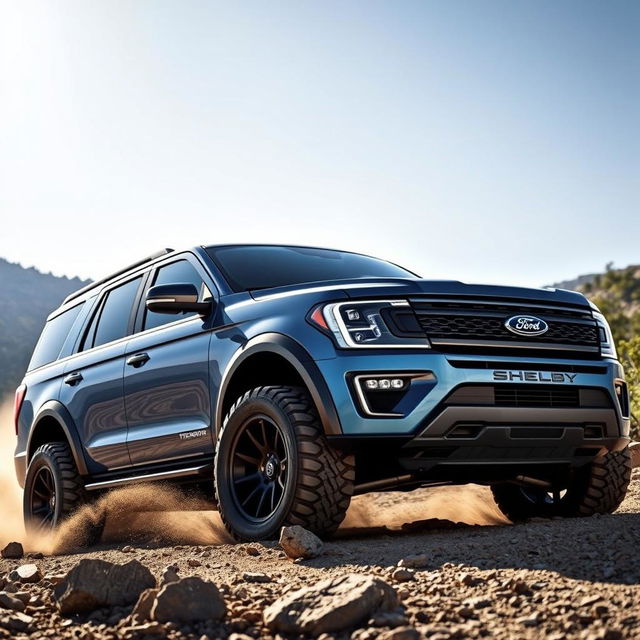 A powerful Ford Expedition Tremor version modified by Shelby Extrema, depicted in a rugged outdoor setting