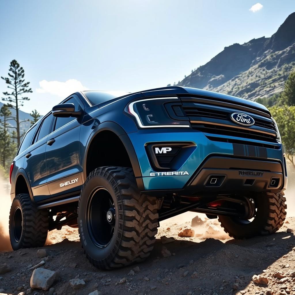 A powerful Ford Expedition Tremor version modified by Shelby Extrema, depicted in a rugged outdoor setting