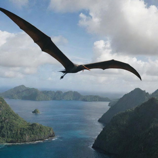 Mid-flight, a majestic Pterodactyl suddenly appears alongside the aircraft, creating a surreal moment suspended between the chaotic past on the island and the hopeful journey towards safety.