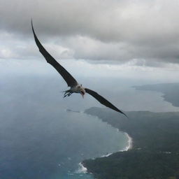 Mid-flight, a majestic Pterodactyl suddenly appears alongside the aircraft, creating a surreal moment suspended between the chaotic past on the island and the hopeful journey towards safety.