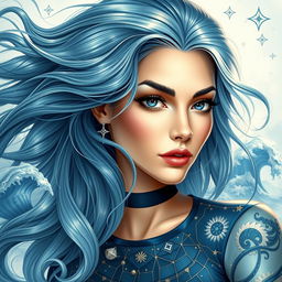 A stunning and realistic portrait of a beautiful woman representing the Aquarius zodiac sign