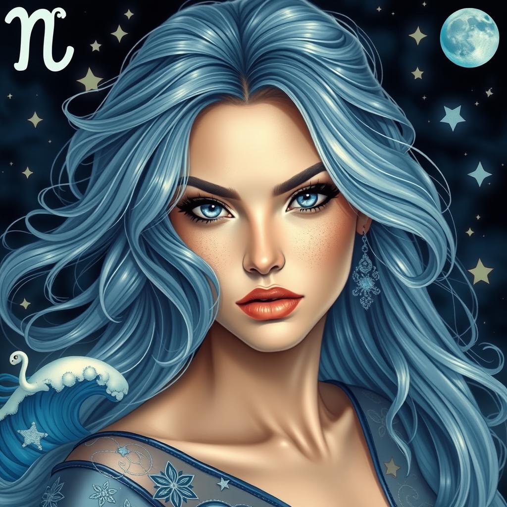 A stunning and realistic portrait of a beautiful woman representing the Aquarius zodiac sign