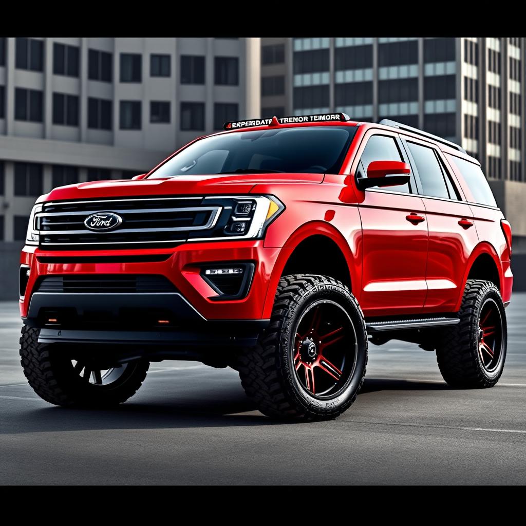 A striking Ford Expedition Tremor in vibrant Ferrari Red, featuring dark tinted windows that enhance its sleek appearance