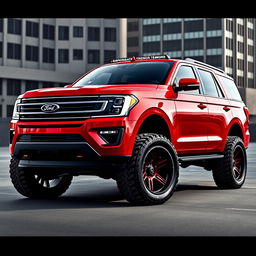 A striking Ford Expedition Tremor in vibrant Ferrari Red, featuring dark tinted windows that enhance its sleek appearance