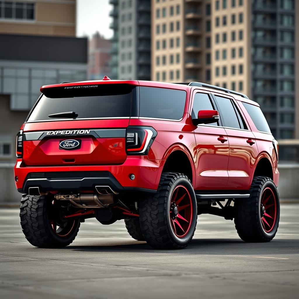 A striking Ford Expedition Tremor in vibrant Ferrari Red, featuring dark tinted windows that enhance its sleek appearance