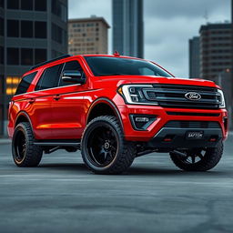 A striking Ford Expedition Tremor in vibrant Ferrari Red, featuring dark tinted windows that enhance its sleek appearance