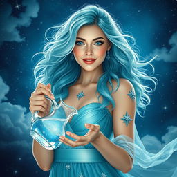 A stunning real woman representing the Aquarius zodiac sign, with features that embody the essence of this air sign