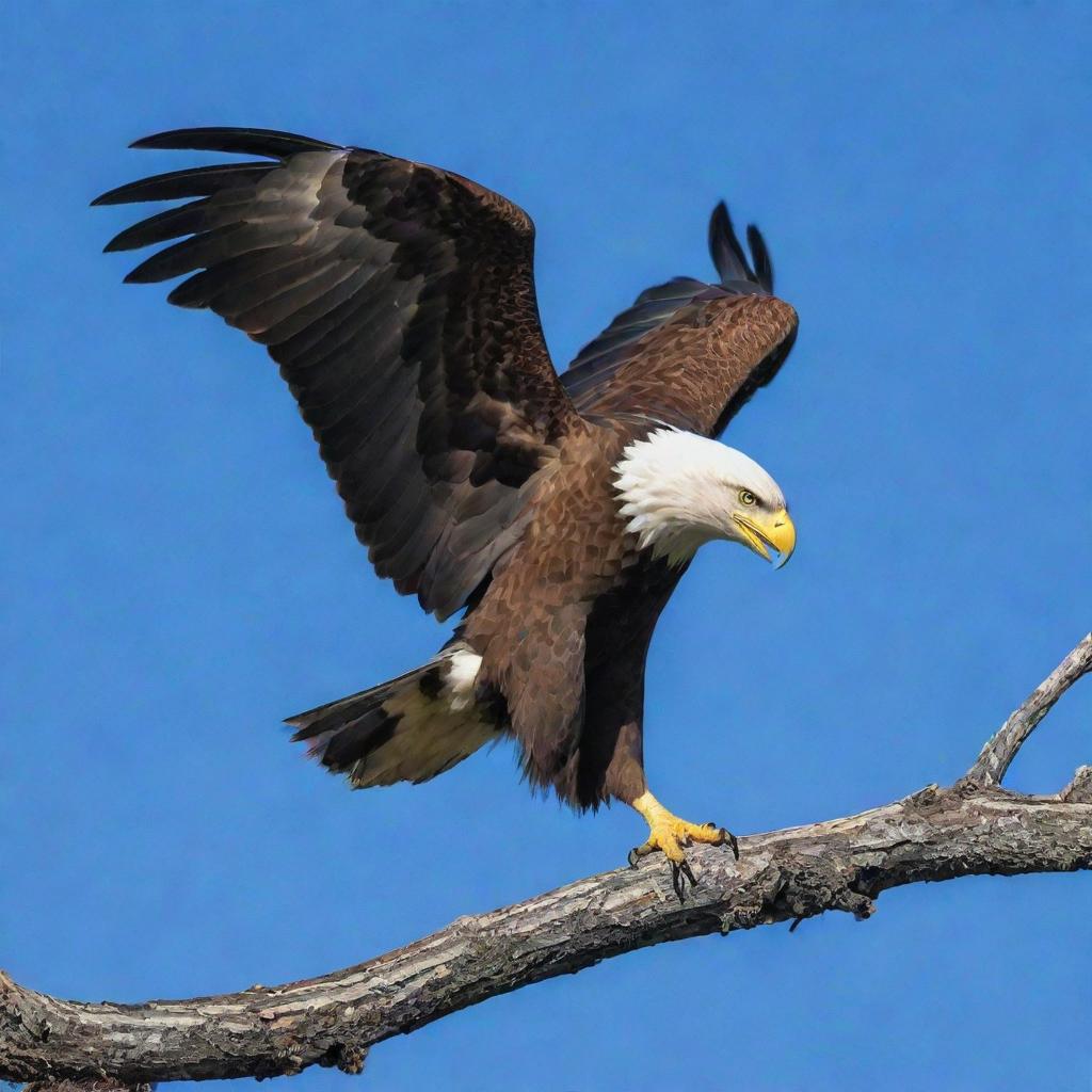 A majestic eagle gripping its prey, a chicken, with its sharp talons. The eagle is perched high on a tree branch against a blue sky backdrop. Focus on the bird's powerful posture and the rawness of nature.