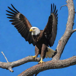 A majestic eagle gripping its prey, a chicken, with its sharp talons. The eagle is perched high on a tree branch against a blue sky backdrop. Focus on the bird's powerful posture and the rawness of nature.