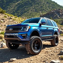 A striking metallic blue Ford Expedition Tremor presented in an adventurous outdoor environment