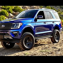 A striking metallic blue Ford Expedition Tremor presented in an adventurous outdoor environment