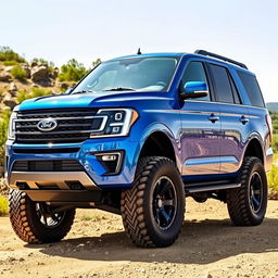 A striking metallic blue Ford Expedition Tremor presented in an adventurous outdoor environment