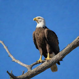 A majestic eagle gripping its prey, a chicken, with its sharp talons. The eagle is perched high on a tree branch against a blue sky backdrop. Focus on the bird's powerful posture and the rawness of nature.