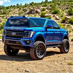 A striking metallic blue Ford Expedition Tremor presented in an adventurous outdoor environment