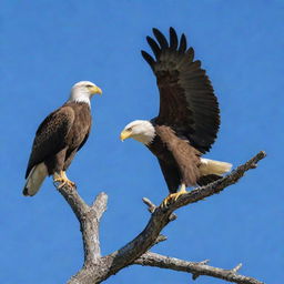 A majestic eagle gripping its prey, a chicken, with its sharp talons. The eagle is perched high on a tree branch against a blue sky backdrop. Focus on the bird's powerful posture and the rawness of nature.