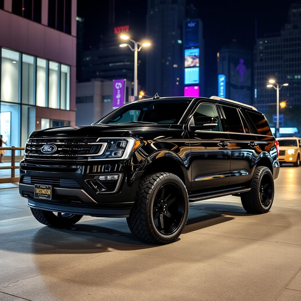 A sleek black Ford Expedition Tremor displayed in an urban environment at night, adorned with dark tinted windows that enhance its stealthy appearance