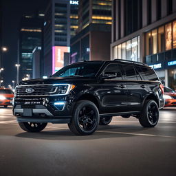 A sleek black Ford Expedition Tremor displayed in an urban environment at night, adorned with dark tinted windows that enhance its stealthy appearance