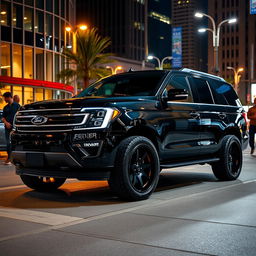 A sleek black Ford Expedition Tremor displayed in an urban environment at night, adorned with dark tinted windows that enhance its stealthy appearance