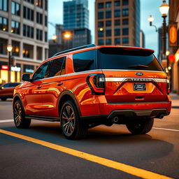 A vibrant orange Ford Expedition Tremor displayed in an urban environment, featuring dark tinted windows that add a sleek touch to its bold design