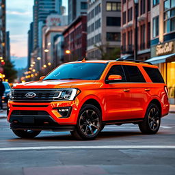 A vibrant orange Ford Expedition Tremor displayed in an urban environment, featuring dark tinted windows that add a sleek touch to its bold design