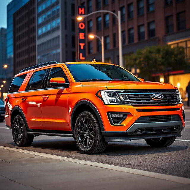 A vibrant orange Ford Expedition Tremor displayed in an urban environment, featuring dark tinted windows that add a sleek touch to its bold design