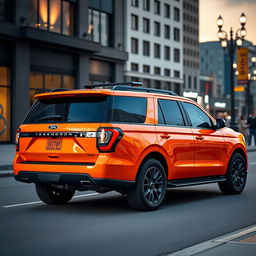 A vibrant orange Ford Expedition Tremor displayed in an urban environment, featuring dark tinted windows that add a sleek touch to its bold design