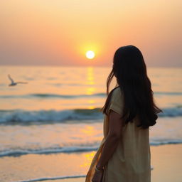 A serene and captivating photograph of a 23-year-old Indian woman standing on a beach, gazing at the breathtaking sunrise