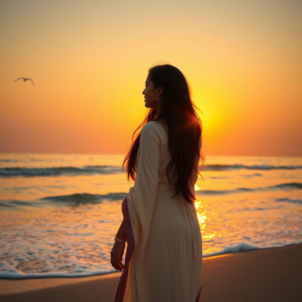 A serene and captivating photograph of a 23-year-old Indian woman standing on a beach, gazing at the breathtaking sunrise