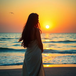 A serene and captivating photograph of a 23-year-old Indian woman standing on a beach, gazing at the breathtaking sunrise