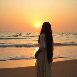 A serene and captivating photograph of a 23-year-old Indian woman standing on a beach, gazing at the breathtaking sunrise