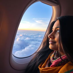 A 23-year-old Indian woman gazing thoughtfully out of an airplane window, her long black hair gently framing her face