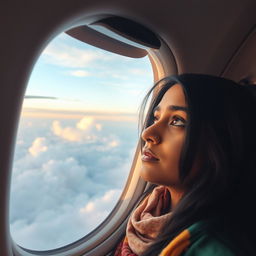 A 23-year-old Indian woman gazing thoughtfully out of an airplane window, her long black hair gently framing her face