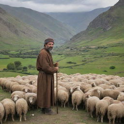 A pastoral scene featuring an Armenian shepherd with traditional attire, leaning on his staff, overseeing a flock of sheep amidst the mountainous terrain.