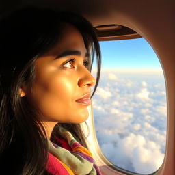 A 23-year-old Indian woman gazing thoughtfully out of an airplane window, her long black hair gently framing her face