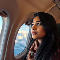 A 23-year-old Indian woman gazing thoughtfully out of an airplane window, her long black hair gently framing her face