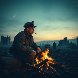 A soldier with a Russian military uniform, sitting on a log beside a campfire, smoking a cigarette and gazing emptily into the flames