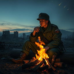 A soldier with a Russian military uniform, sitting on a log beside a campfire, smoking a cigarette and gazing emptily into the flames