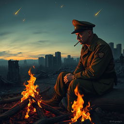 A soldier with a Russian military uniform, sitting on a log beside a campfire, smoking a cigarette and gazing emptily into the flames