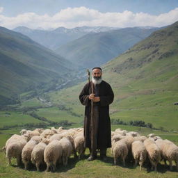 A pastoral scene featuring an Armenian shepherd with traditional attire, leaning on his staff, overseeing a flock of sheep amidst the mountainous terrain.