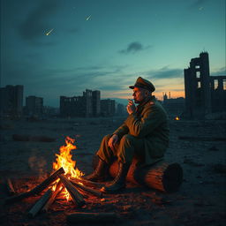 A soldier with a Russian military uniform, sitting on a log beside a campfire, smoking a cigarette and gazing emptily into the flames