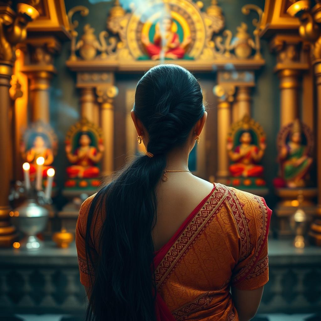 A serene scene featuring a 23-year-old Indian woman praying in a beautifully decorated temple