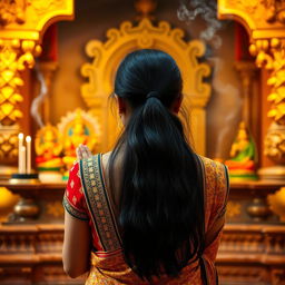 A serene scene featuring a 23-year-old Indian woman praying in a beautifully decorated temple