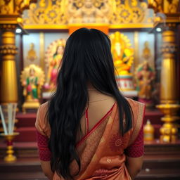 A serene scene featuring a 23-year-old Indian woman praying in a beautifully decorated temple