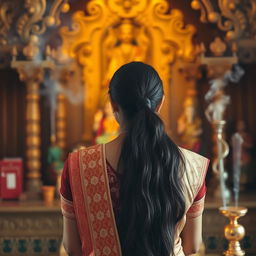 A serene scene featuring a 23-year-old Indian woman praying in a beautifully decorated temple